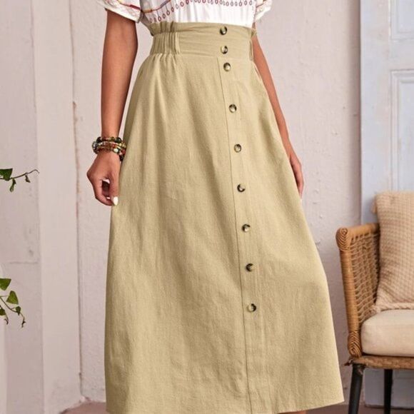 Emery Rose Button Front Paper Pocket Waist Skirt Khaki - Picture 2 of 6